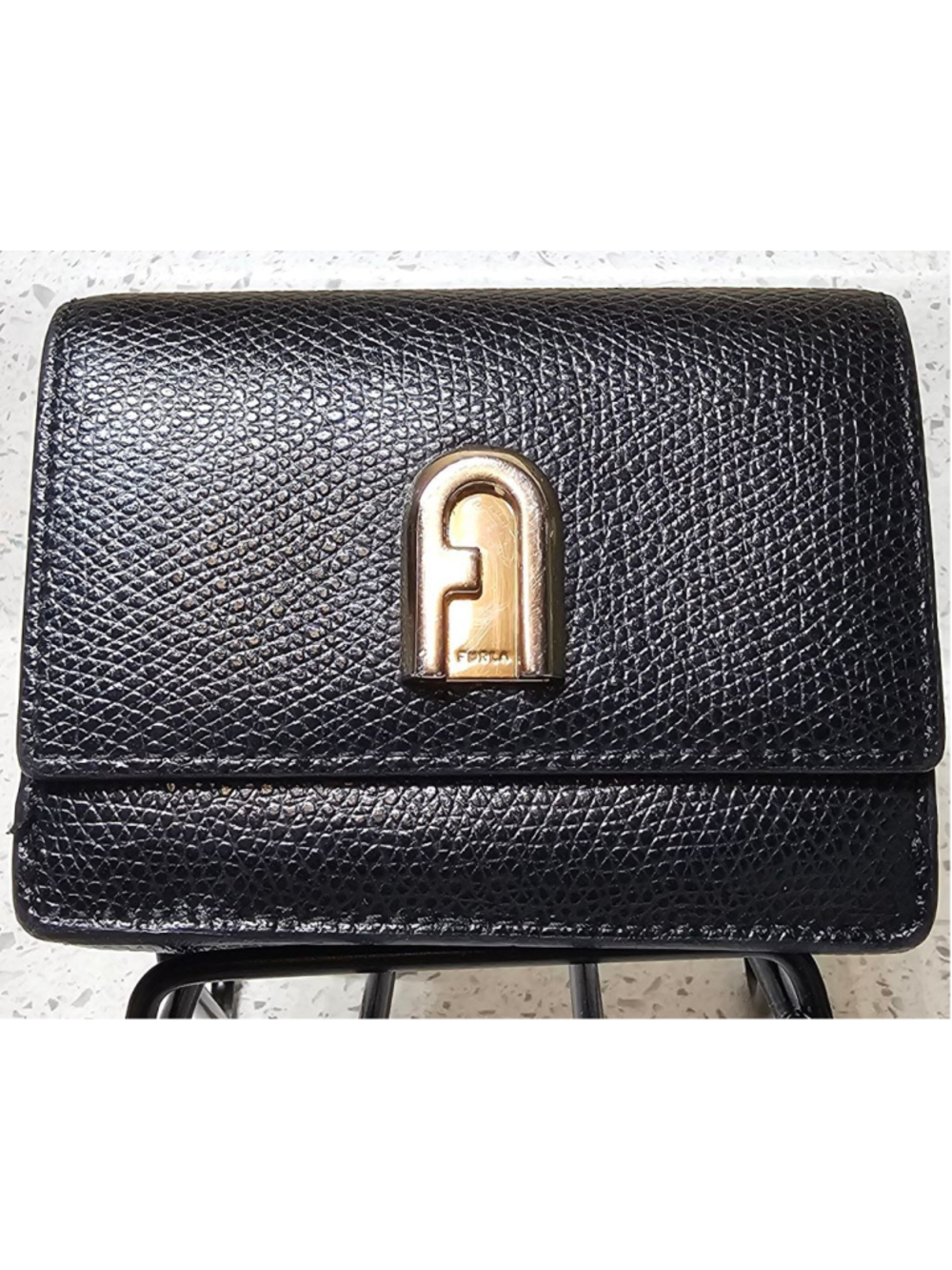 Compact Tri-Fold Black Furla Wallet with Gold hardware